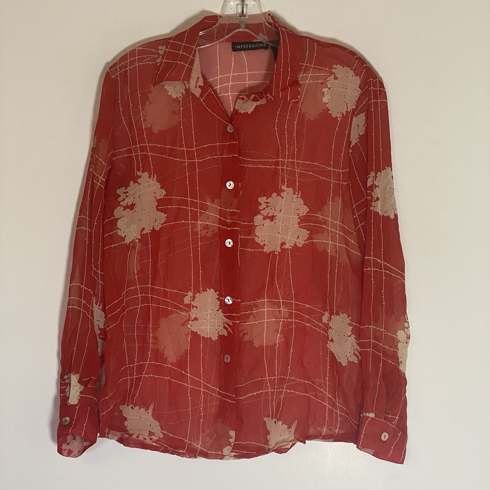 Impressions Top Womens Small Red Multi Abstract Sheer Classy Button Up Dressy‎ S